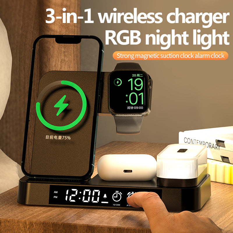 4 In 1 Multifunction Wireless Charger Station With Alarm Clock Display Foldable Wireless Charger Stand With RGB Night Light - LiftHerLife