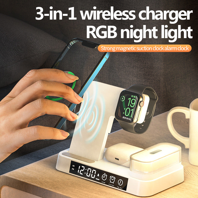 4 In 1 Multifunction Wireless Charger Station With Alarm Clock Display Foldable Wireless Charger Stand With RGB Night Light - LiftHerLife