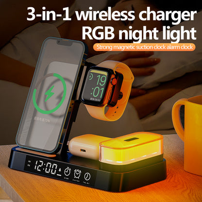 4 In 1 Multifunction Wireless Charger Station With Alarm Clock Display Foldable Wireless Charger Stand With RGB Night Light - LiftHerLife