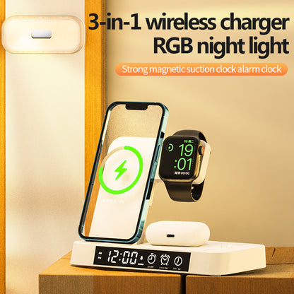 4 In 1 Multifunction Wireless Charger Station With Alarm Clock Display Foldable Wireless Charger Stand With RGB Night Light - LiftHerLife